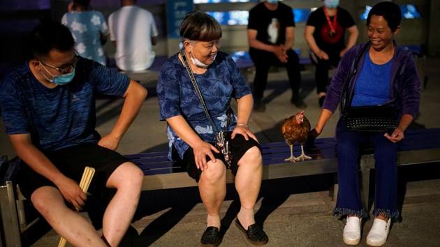 A Wuhan resident with her pet hen at a park. Wuhan, a city of 11 million people, was severely affected by the coronavirus outbreak, accounting for over 50,000 infections and around 3,800 deaths. (Aly Song / REUTERS)