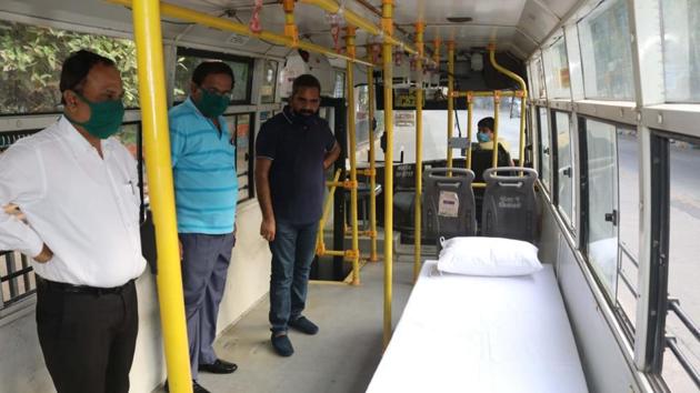 Five Thane Municipal Transport (TMT) buses have been converted into ambulances. (HT Photo) Five Thane Municipal Transport (TMT) buses have been converted into ambulances. (HT Photo)