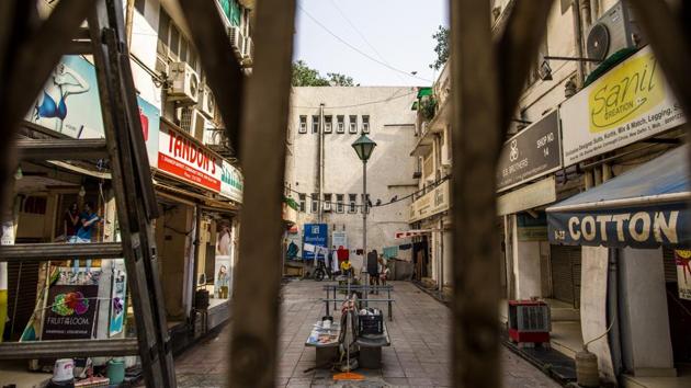 Stores are shuttered at Connaught Place during lockdown in New Delhi. Sitharaman announced that the Centre has allocated an additional amount of Rs 40 thousand crores under the Mahatma Gandhi National Rural Employment Guarantee Scheme and various steps have been taken to enhance the ‘ease of doing business’ in the country. (Prashanth Vishwanathan / Bloomberg)