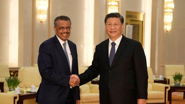 Tedros Adhanom, director general of the World Health Organization, shakes hands with Chinese President Xi jinping before a meeting at the Great Hall of the People in Beijing, China, January 28, 2020.(REUTERS)