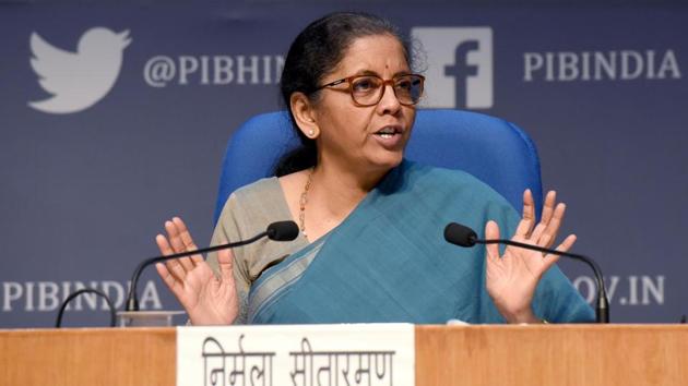 Union Finance Minister Nirmala Sitharaman addresses the media during the fifth and final briefing on Centre’s economic stimulus package, in National Media Center, New Delhi. (Sonu Mehta/HT PHOTO) Union Finance Minister Nirmala Sitharaman addresses the media during the fifth and final briefing on Centre’s economic stimulus package, in National Media Center, New Delhi. (Sonu Mehta/HT PHOTO)