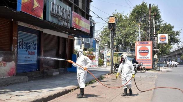 DRF teams of GHMC swung into action by spraying disinfectants at the Malakpet area during the countrywide lockdown amid coronavirus outbreak, in Hyderabad on Mar 26, 2020. (ANI) DRF teams of GHMC swung into action by spraying disinfectants at the Malakpet area during the countrywide lockdown amid coronavirus outbreak, in Hyderabad on Mar 26, 2020. (ANI)
