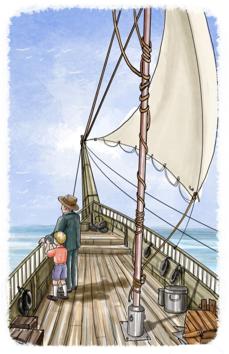 Young Ruskin and his father on the dhow.(From Hop On by Ruskin Bond; Illustrations by Samrat Halder) Young Ruskin and his father on the dhow.(From Hop On by Ruskin Bond; Illustrations by Samrat Halder)