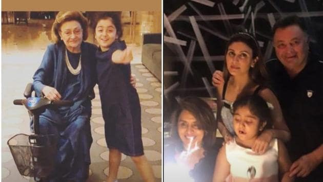 Riddhima Kapoor Sahni shared two pictures; in one, her daughter Samara poses with her late grandmother Krishna Raj Kapoor and in another, she is with Neetu Kapoor, Rishi Kapoor and Riddhima.