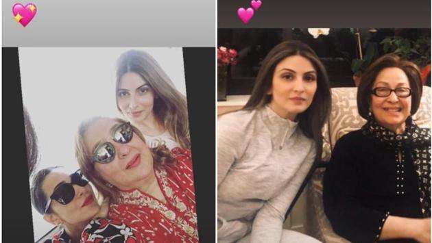 Riddhima shared pictures with her aunts - in one (right), she poses with late Ritu Nanda, mother-in-law of Shweta Bachchan Nanda and in another, she poses with Rima Jain and cousin, Karisma Kapoor.
