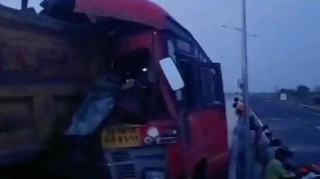 The bus crashed into a truck from behind while trying to overtake.(ANI) The bus crashed into a truck from behind while trying to overtake.(ANI)