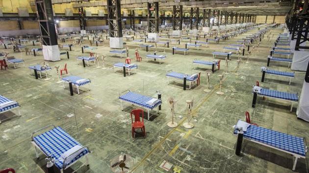 A venue for conventions and trade fairs in one of Mumbai’s suburbs, NESCO exhibition centre is geared to house 1,240 beds, some of which will have oxygen facilities. With 37,136 Covid-19 active cases, Maharashtra continues to lead the state tally.  (Satyabrata Tripathy / HT Photo) 