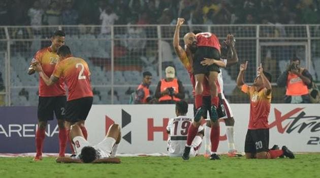 East Bengal celebrates 3-2 victory over Mohun Bagan at the I-League match, at Salt Lake stadium, in Kolkata. (Arijit Sen/HT Photo) East Bengal celebrates 3-2 victory over Mohun Bagan at the I-League match, at Salt Lake stadium, in Kolkata. (Arijit Sen/HT Photo)