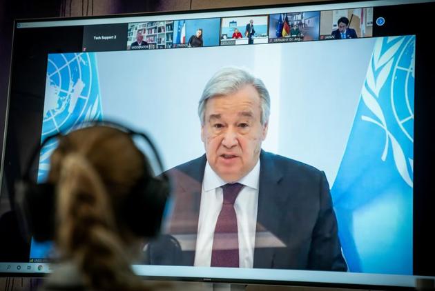 United Nations Secretary-General Antonio Guterres is seen on a video screen during a virtual climate summit, known as the Petersberg Climate Dialogue, in Berlin. (Reuters/ File photo) United Nations Secretary-General Antonio Guterres is seen on a video screen during a virtual climate summit, known as the Petersberg Climate Dialogue, in Berlin. (Reuters/ File photo)