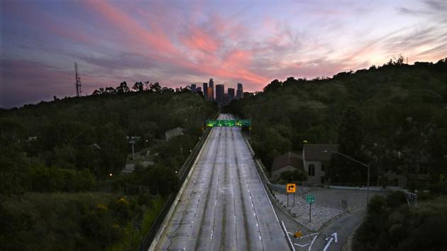 Empty lanes of the 110 Arroyo Seco Parkway that leads to downtown Los Angeles is seen during the coronavirus outbreak in Los Angeles. (AP) Empty lanes of the 110 Arroyo Seco Parkway that leads to downtown Los Angeles is seen during the coronavirus outbreak in Los Angeles. (AP)