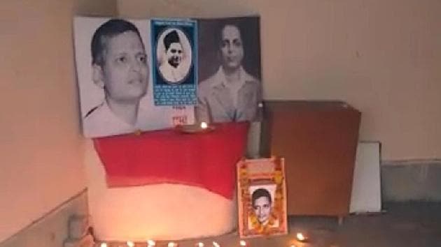The photo of Nathuram Godse at Gwalior office of the Hindu Mahasabha. (HT Photo) The photo of Nathuram Godse at Gwalior office of the Hindu Mahasabha. (HT Photo)