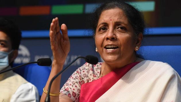 Union Minister of Finance and Corporate Affairs Nirmala Sitharaman during press briefing detailing the Centre’s economic stimulus package. (Sonu Mehta/HT PHOTO) Union Minister of Finance and Corporate Affairs Nirmala Sitharaman during press briefing detailing the Centre’s economic stimulus package. (Sonu Mehta/HT PHOTO)