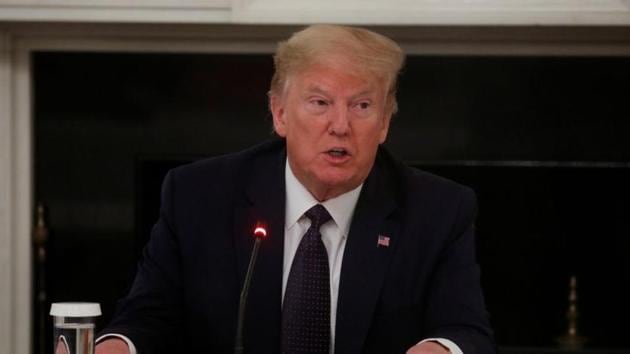 US President Donald Trump speaks with restaurant executives and industry leaders during a coronavirus disease pandemic meeting in the State Dining Room at the White House in Washington, US.(REUTERS) US President Donald Trump speaks with restaurant executives and industry leaders during a coronavirus disease pandemic meeting in the State Dining Room at the White House in Washington, US.(REUTERS)