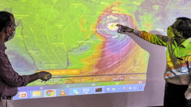 Deputy Director-General of the Regional Meteorological Centre (RMC), Sanjib Bandyopadhyay and G K Das (R) monitor the progress of the cyclone at RMC in Kolkata. The impact of the cyclone will also be visible in Sikkim, Assam and Meghalaya. (PTI) Deputy Director-General of the Regional Meteorological Centre (RMC), Sanjib Bandyopadhyay and G K Das (R) monitor the progress of the cyclone at RMC in Kolkata. The impact of the cyclone will also be visible in Sikkim, Assam and Meghalaya. (PTI)