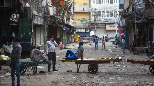Push carts lined along a stretch in a deserted Sadar Bazar during lockdown, in New Delhi. In normal times, the market is always jam-packed and social distancing seems an impossible proposition here—and so is the odd-even formula the government has proffered. (Amal KS / HT Photo)