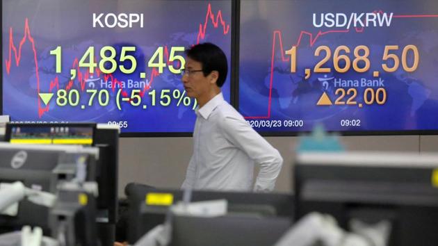 A currency dealer walks past in front of electronic boards showing the Korea Composite Stock Price Index (KOSPI) and the exchange rate between the US dollar and South Korean won, in Seoul, South Korea, March 23, 2020.(REUTERS)