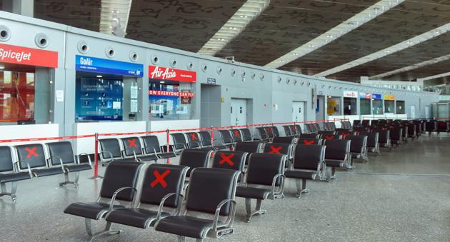 Special seating arrangement made at the NSCBI Airport to help maintain the social distancing norms, during ongoing COVID-19 lockdown, in Kolkata. (PTI) Special seating arrangement made at the NSCBI Airport to help maintain the social distancing norms, during ongoing COVID-19 lockdown, in Kolkata. (PTI)