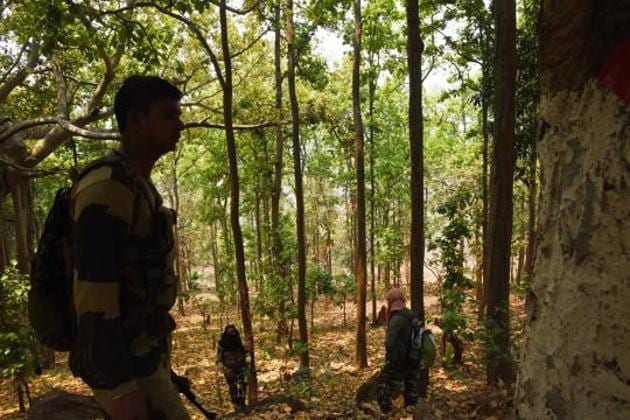 Police recovered AK 47 and other weapons from the slain Maoists.(HT photo/ Arabinda Mahapatra)