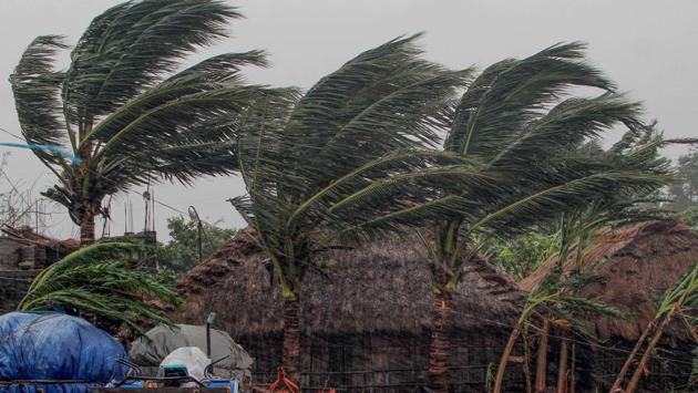 Trees sway as heavy winds induced by super cyclone 'Amphan' hits Dhamara Port in Bhadrak district, Odisha on May 20. After a day of heavy rainfall in Odisha, parts of the state witnessed improvement in weather condition and shops opened in the Patrapada area of Balasore. (PTI)