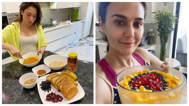 Tamannaah makes herself a healthy breakfast with fruits, nuts and some honey, while Preity Zinta shows off the fruit custard made by her.