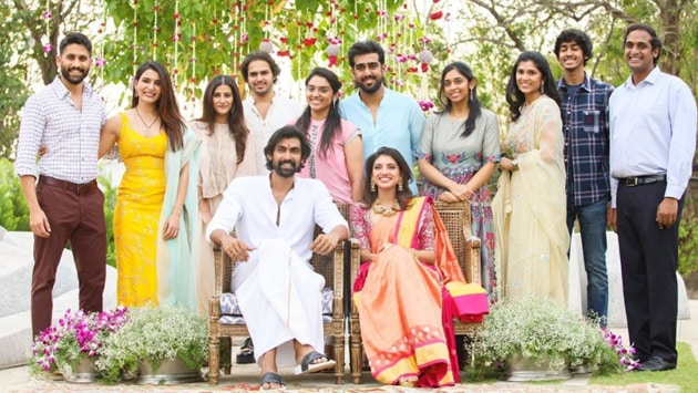 Rana Daggubati with Miheeka Bajaj and other family members including Samantha Akkineni and Naga Chaitanya.