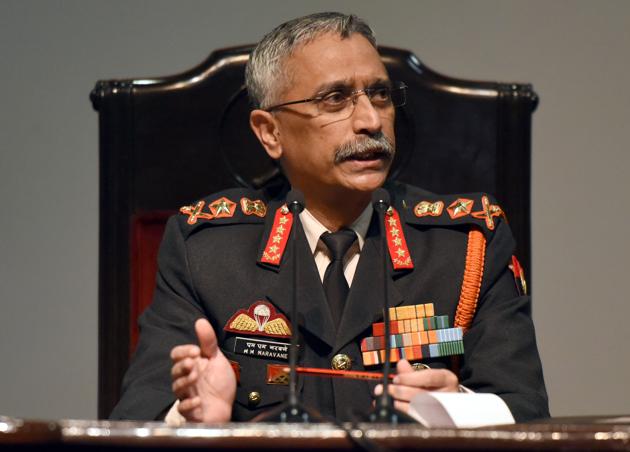 Chief of the Army Staff General Manoj Mukund Naravane at Manekshaw Centre in the Delhi Cantt, in New Delhi.(Sonu Mehta/HT file photo)