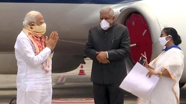 Prime Minister Narendra Modi and West Bengal CM Mamata Banerjee together conductied an aerial survey of the areas affected by Cyclone Amphan. (ANI Photo) Prime Minister Narendra Modi and West Bengal CM Mamata Banerjee together conductied an aerial survey of the areas affected by Cyclone Amphan. (ANI Photo)