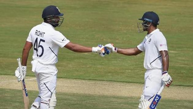Indian openers Rohit Sharma and Mayank Agarwal celebrate a shot. (PTI) Indian openers Rohit Sharma and Mayank Agarwal celebrate a shot. (PTI)