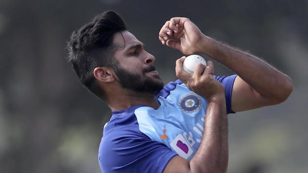 File image of India's Shardul Thakur bowls in the nets during a training session.(AP)