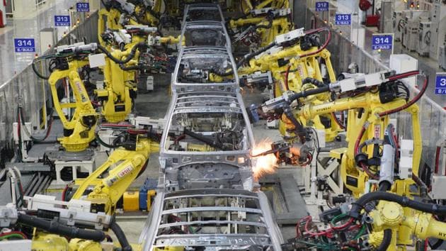 Employees at shop floor, Car Assembly Line at Hyundai motors Plant, Hyundai car Factory, in Chennai, India.(babu ponnapan/HT file)