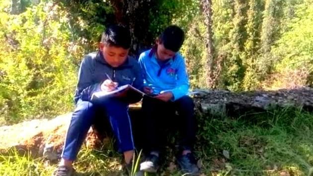 Students studying at a hilltop in Bangaan region of Uttarkashi near Himachal Pradesh border where they get proper mobile connectivity.(HT Photo)