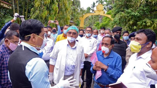 Assam Chief Minister Sarbananda Sonowal visiting quarantine centre set up at Murkong Selek College, Jonai in Dhemaji district on Saturday. (ANI Photo) Assam Chief Minister Sarbananda Sonowal visiting quarantine centre set up at Murkong Selek College, Jonai in Dhemaji district on Saturday. (ANI Photo)