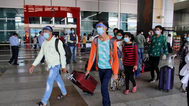 Passengers arrive at Delhi’s Indira Gandhi International airport on the first day of the resumption of domestic on Monday. (ANI Photo) Passengers arrive at Delhi’s Indira Gandhi International airport on the first day of the resumption of domestic on Monday. (ANI Photo)