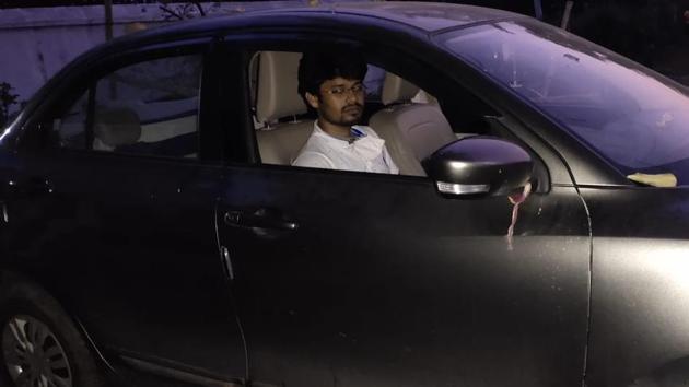 Madhaba Patra in his car where he has quarantined himself. (HT PHOTO) Madhaba Patra in his car where he has quarantined himself. (HT PHOTO)