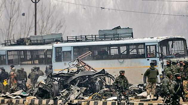 Security forces at the site of the Pulwama terror attack on February 14, 2019, in Srinagar.(Waseem Andrabi/HTFILE)