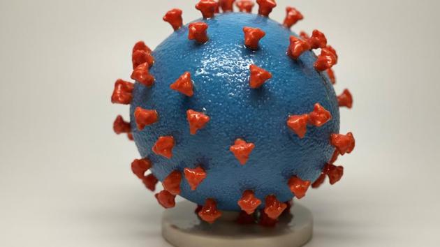An undated photo shows a 3-D print of a SARS-CoV-2 particle, also known as novel coronavirus, the virus that causes COVID-19. The virus surface (blue) is covered with spike proteins (red) that enable the virus to enter and infect human cells.(via REUTERS)