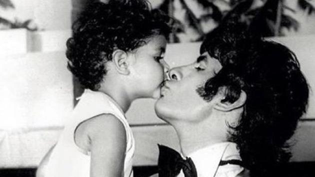 Amitabh Bachchan with his children, Shweta and Abhishek, on the sets of Amar Akbar Anthony.