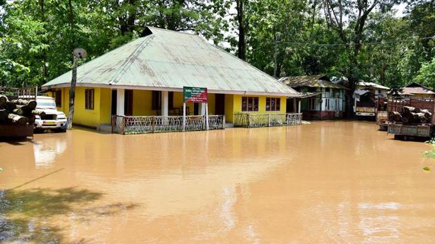 An Assam forest department office inundated due to flash floods at Boko in Kamrup on May 26. Nearly two lakh people in seven districts in Assam have been affected by floods as incessant rain across much of the state worsened the situation on yesterday. (ANI)