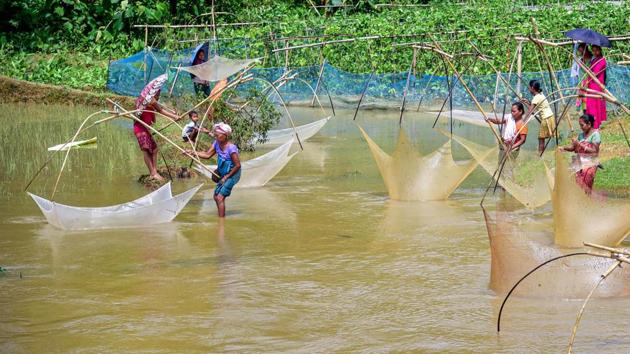 Women fish in the flood water with traditional fishing nets at Sukunia village in Kamrup district on May 26. According to the Assam State Disaster Management Authority (ASDMA), 229 villages in 17 revenue circles of Dhemaji, Lakhimpur, Darrang, Nalbari, Goalpara, Dibrugarh and Tinsukia have been affected by floods. (PTI)