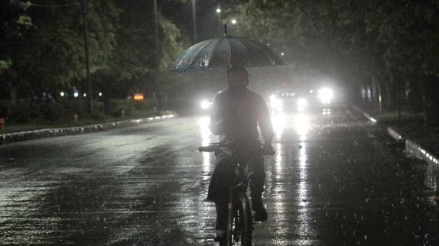 A cyclist making his way through rain on the Sector 20/33 road in Chandigarh on Wednesday.(Keshav Singh/HT) A cyclist making his way through rain on the Sector 20/33 road in Chandigarh on Wednesday.(Keshav Singh/HT)