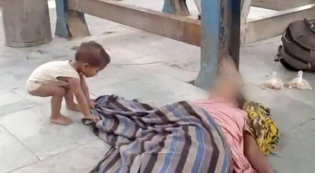 A toddler tries to wake his dead mother at Muzaffarpur railway station in Bihar.(PTI photo)