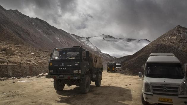 An Indian Army truck crosses Chang la pass near Pangong Lake in Ladakh region in this file photo.(AP Photo)