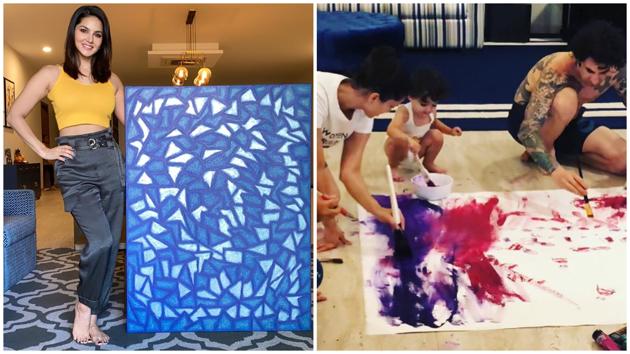 Sunny Leone took 40 days to complete the painting on the left. She has also been creating art with her husband Daniel Weber and their children Nisha, Noah and Asher, amid the lockdown.