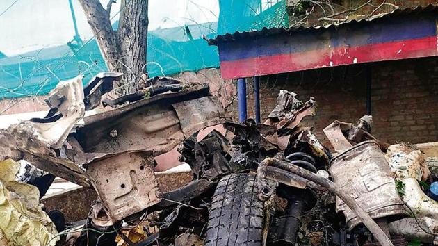 The explosive-laden car that was detonated by forces at Rajpora, Pulwama, on Thursday.(ANI)