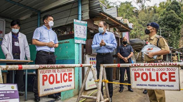 Arunachal Pradesh Chief Minister Pema Khandu carries out spot verification at Banderdewa check gate in Arunachal-Assam border to ensure that all points of entry into the state are fully equipped to detect any COVID-19 suspected cases, Saturday, April 18, 2020.(PTI)