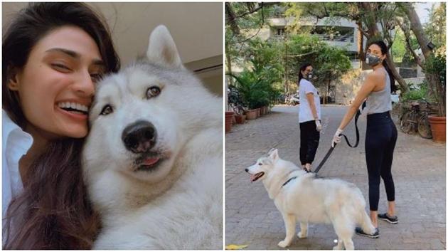 Athiya Shetty with her beautiful husky. The second picture shows her and mom take the doggo for a walk.