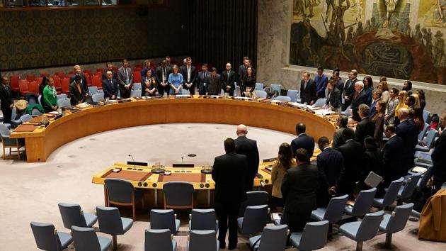 Members of the United Nations Security Council observe a moment of silence at the beginning of a meeting about Afghanistan at United Nations Headquarters in the Manhattan borough of New York City, New York,US,(REUTERS)