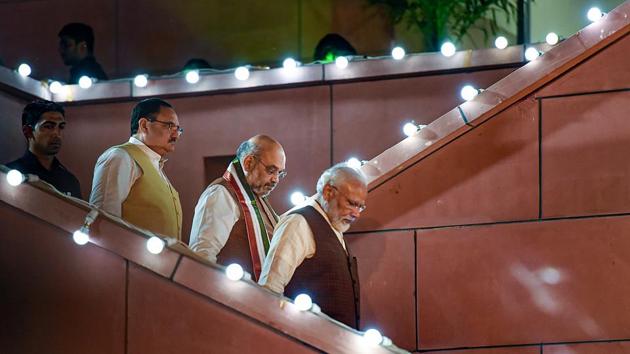 Prime Minister Narendra Modi arrives to address his supporters after the party's victory in both Haryana and Maharashtra Assembly polls, at BJP HQ, in New Delhi, Thursday, Oct 24, 2019. BJP President Amit Shah and BJP Working President JP Nadda are also seen.(PTI/ File photo) Prime Minister Narendra Modi arrives to address his supporters after the party's victory in both Haryana and Maharashtra Assembly polls, at BJP HQ, in New Delhi, Thursday, Oct 24, 2019. BJP President Amit Shah and BJP Working President JP Nadda are also seen.(PTI/ File photo)