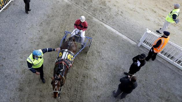Jonny Cox steers Loissonya back to the stables after race three at the Addington Raceway. Trainers had to keep horses in work during the almost two-month shutdown in New Zealand and the Christchurch event offered some hope that the return of race meetings under New Zealand’s easing lockdown regulations will allow the industry to weather turbulent financial times. (Mark Baker / AP)