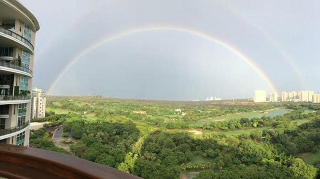 The image shows the double rainbow spotted in Gurugram. (Twitter/@TheSanjivKapoor) The image shows the double rainbow spotted in Gurugram. (Twitter/@TheSanjivKapoor)